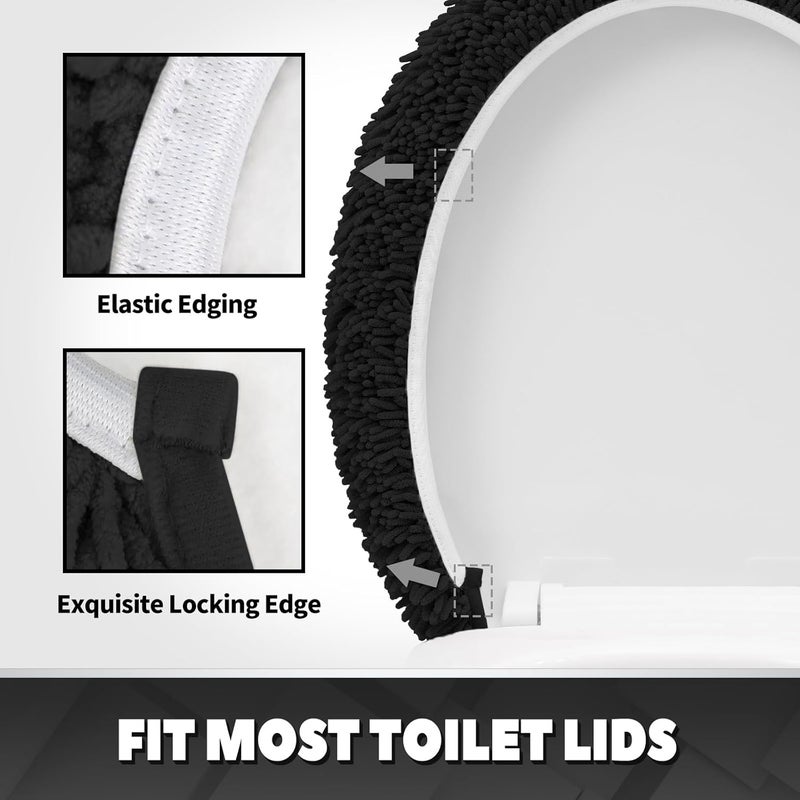 TREETONE Shaggy Chenille Bathroom Toilet Lid Cover, Ultra Soft Plush Seat Covers, Fluffy Absorbent, 19x21 Inches, Standard Toilet Lids for Bathroom Machine Wash & Dry, Black - Image 3